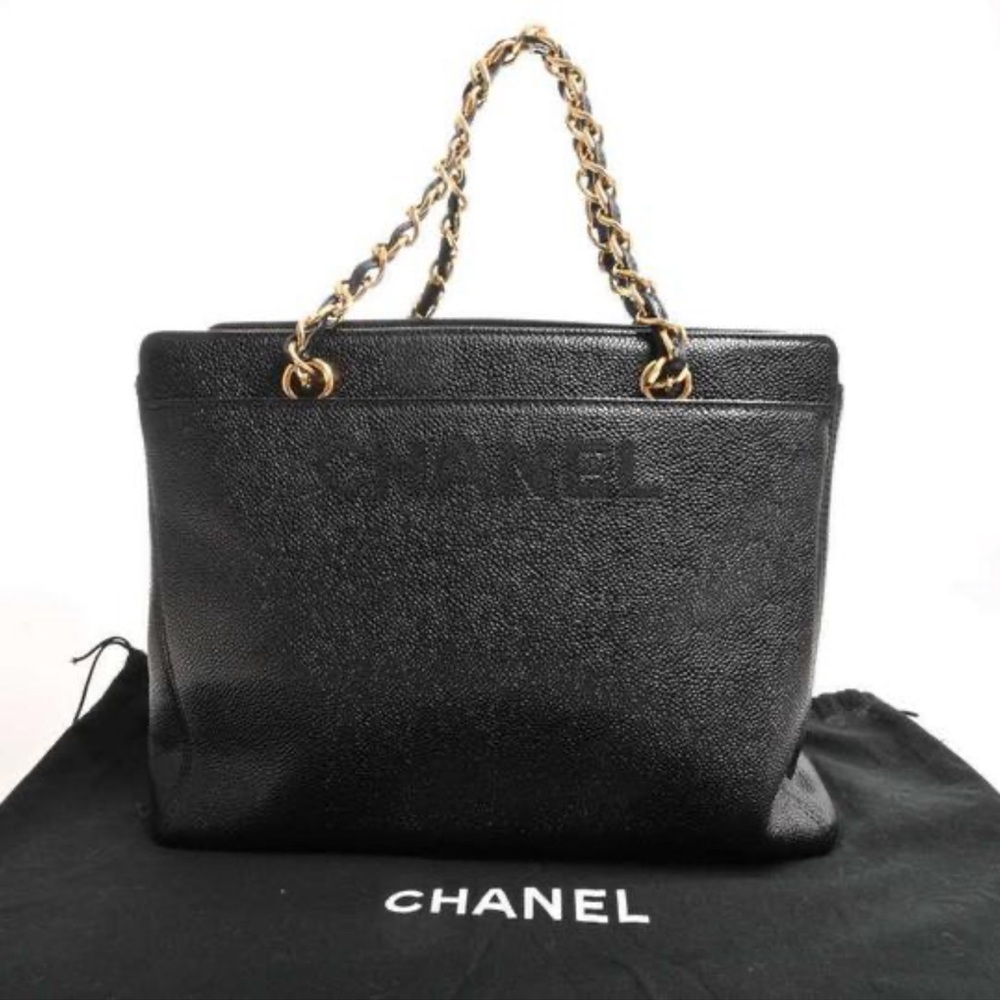 CHANEL Caviar leather double handles bag, black, interior compartment, EUC
